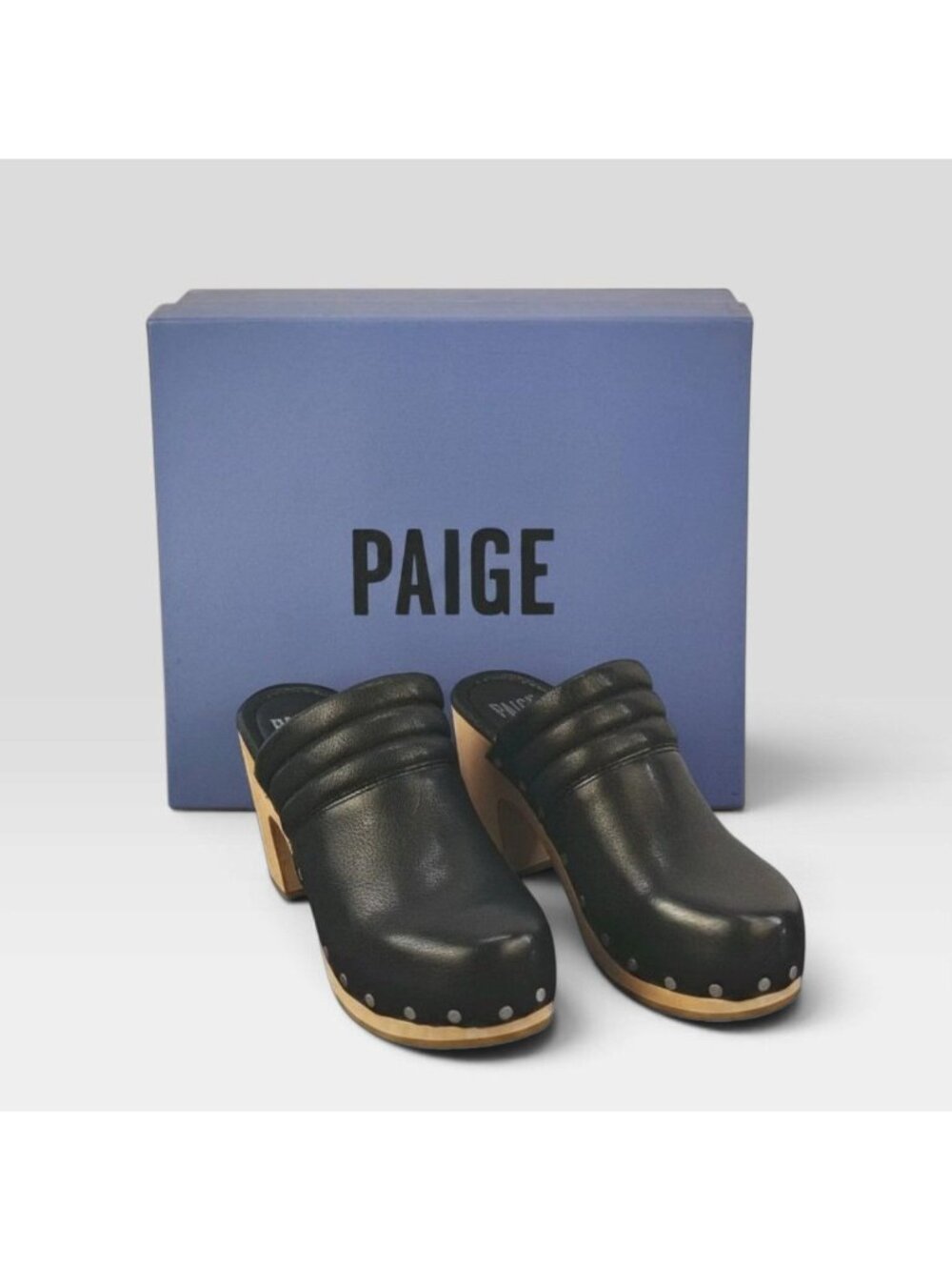 Paige Robbie Studded Black Leather clogs Wooden Platform Mule Size 7 New in Box - Picture 2 of 8